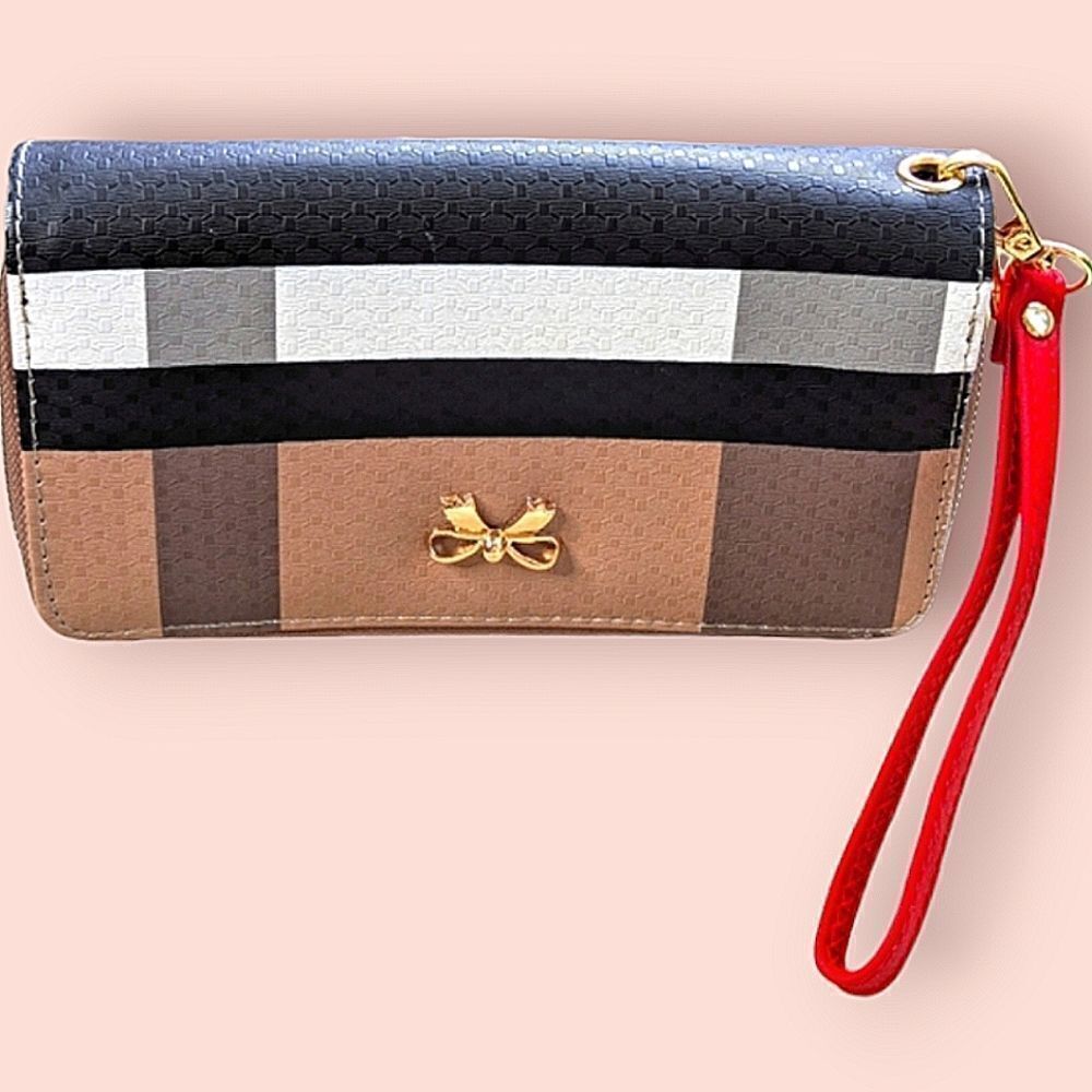 Plaid Clutch Sectioned Wallet Removable Red Wrist Strap